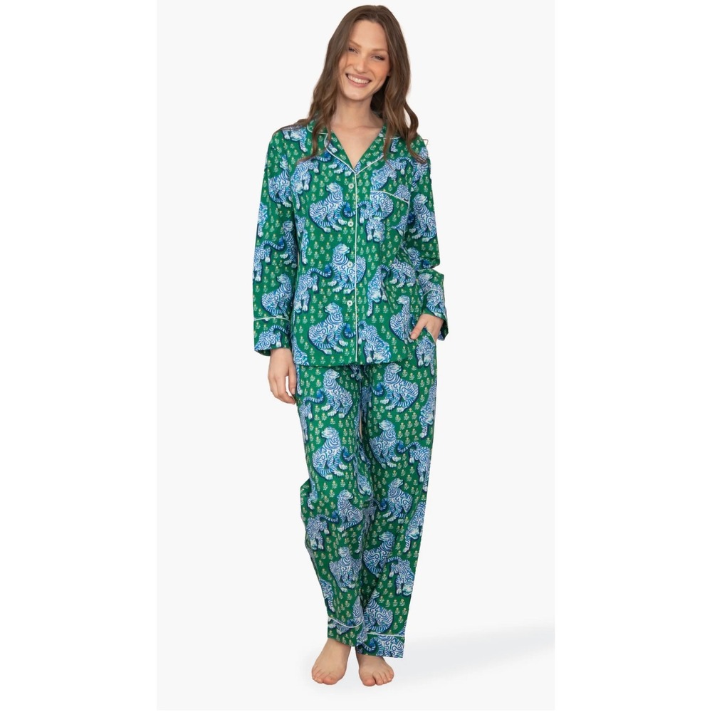 Printfresh Pajama Set Womens Large Green Excellent Organic Cotton Tiger Print